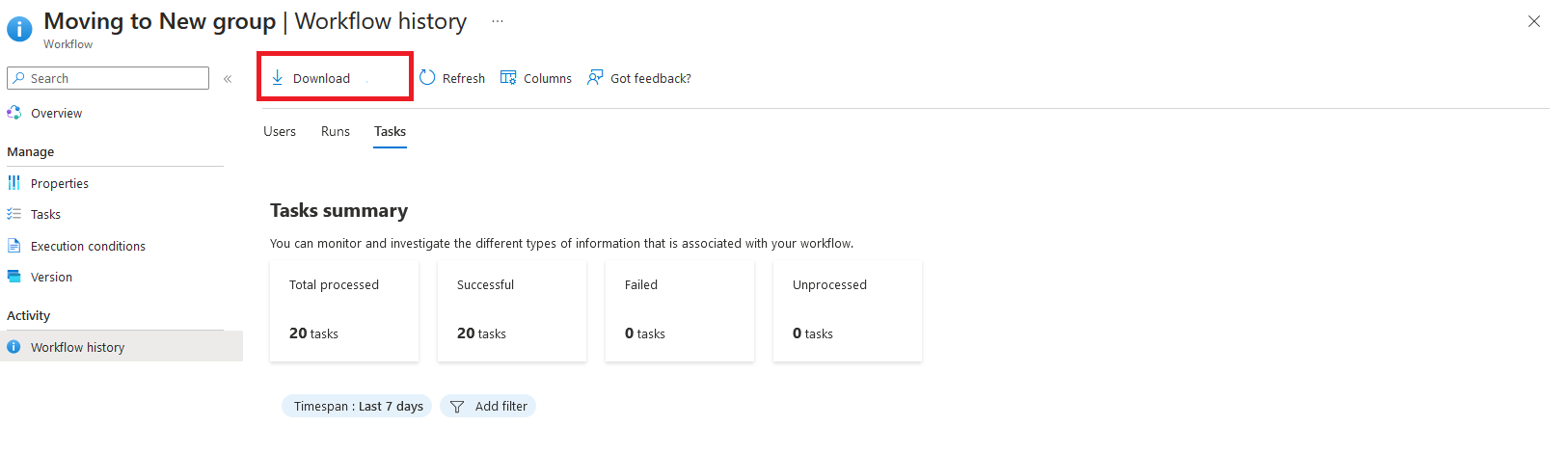 Capture d’écran de l’emplacement de téléchargement sur un écran d’historique des workflows.