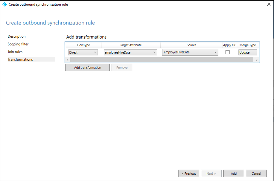 Screenshot of create outbound synchronization rule transformations.