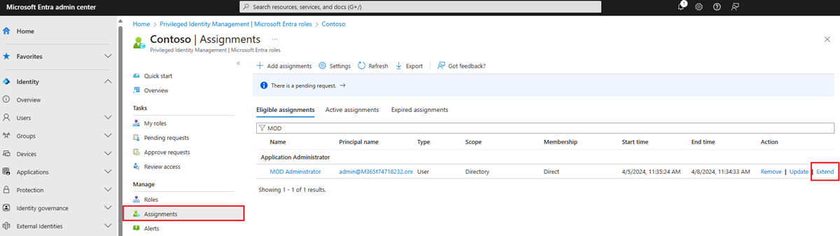 Capture d’écran de la page Rôles Microsoft Entra – Affectation qui répertorie les rôles éligibles avec des liens d’extension.