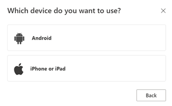 Capture d’écran qui permet à l’utilisateur de choisir iOS ou Android.
