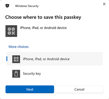 Capture d’écran qui permet à l’utilisateur de choisir où enregistrer sa clé d’accès.