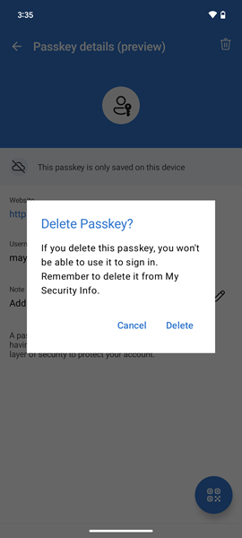 Capture d’écran de l’option de suppression de clé d’accès dans Microsoft Authenticator pour les appareils Android.