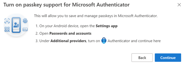 Capture d’écran informant l’utilisateur qu’il doit activer Authenticator dans l’application Paramètres sur son appareil Android.