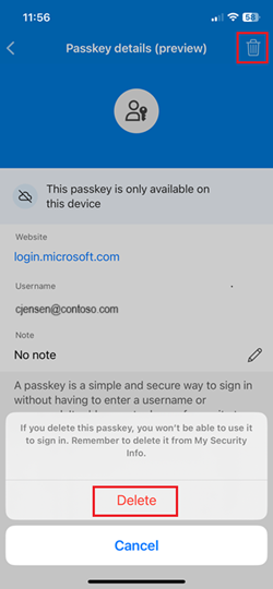 Capture d’écran de l’option de suppression de clé d’accès dans Microsoft Authenticator pour les appareils iOS.