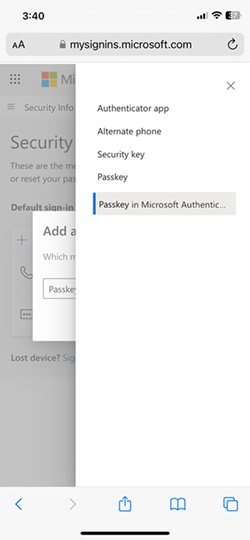 Capture d’écran de la liste déroulante des options dans Microsoft Authenticator pour les appareils iOS.