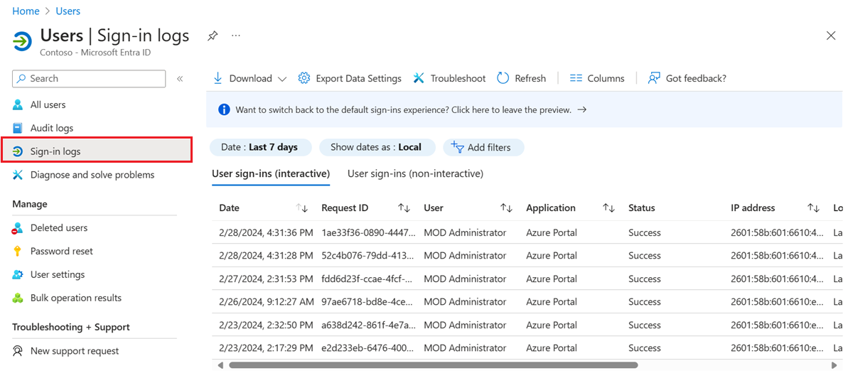 Screenshot of example Microsoft Entra sign-ins report