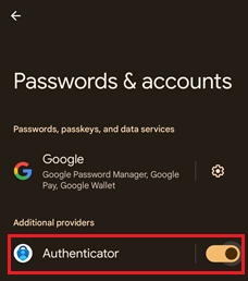 Capture d’écran montrant l’activation d’Authenticator en tant que fournisseur dans Microsoft Authenticator pour les appareils Android.