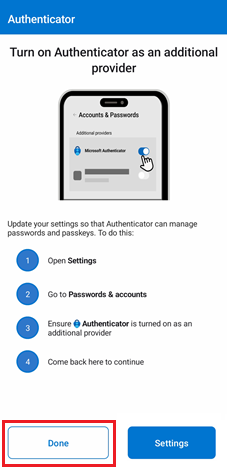 Capture d’écran montrant la sélection de l’option Continuer afin de terminer l’utilisation de Microsoft Authenticator pour les appareils Android.