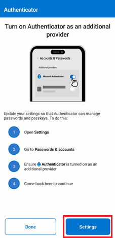Capture d’écran montrant l’option Ouvrir les paramètres, et les instructions à suivre dans Microsoft Authenticator pour les appareils Android.