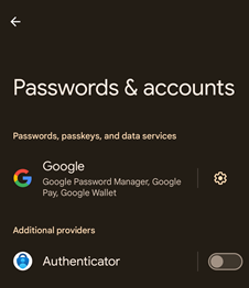Capture d’écran montrant la sélection de Mots de passe, et Options de mot de passe dans Microsoft Authenticator pour les appareils Android.