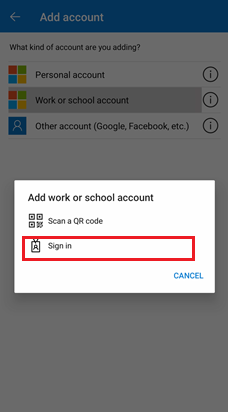 Capture d’écran montrant l’action qui consiste à appuyer sur l’option Se connecter dans Microsoft Authenticator pour les appareils Android.