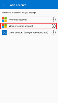 Capture d’écran montrant le choix d’un compte professionnel ou scolaire dans Microsoft Authenticator pour les appareils Android.