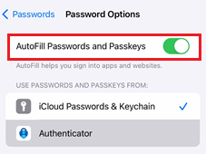 Capture d’écran montrant l’option Remplissage automatique des mots de passe et des clés d’accès activée dans Microsoft Authenticator pour les appareils iOS.