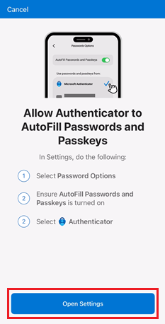 Capture d’écran montrant l’option Ouvrir les paramètres, et les instructions à suivre dans Microsoft Authenticator pour les appareils iOS.