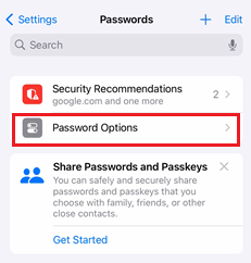 Capture d’écran montrant la sélection de Mots de passe, et Options de mot de passe dans Microsoft Authenticator pour les appareils iOS.