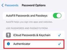 Capture d’écran montrant l’option Utiliser les mots de passe et les clés d’accès à partir de dans Microsoft Authenticator pour les appareils iOS.