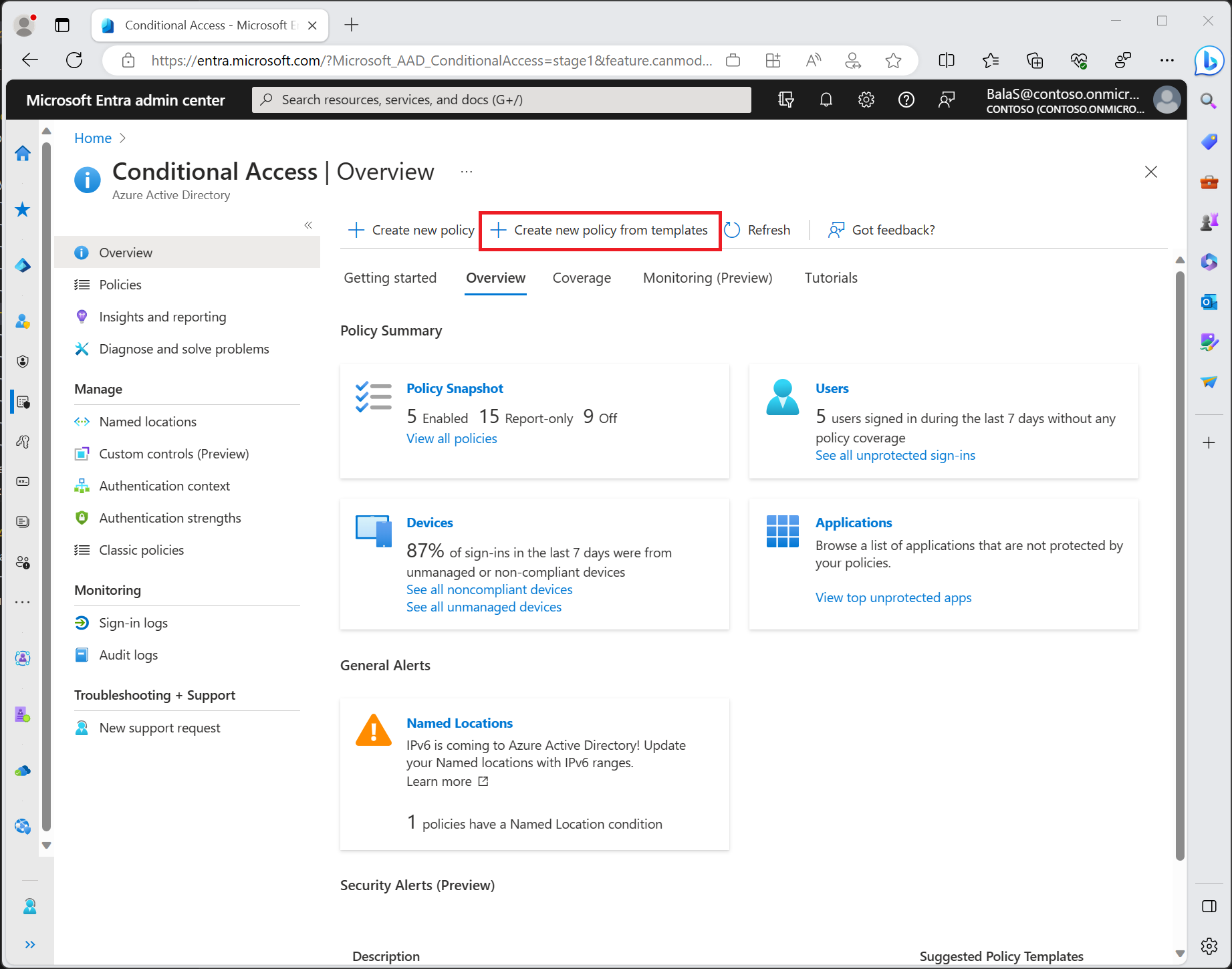 Screenshot that shows Conditional Access policies and templates in the Microsoft Entra admin center.