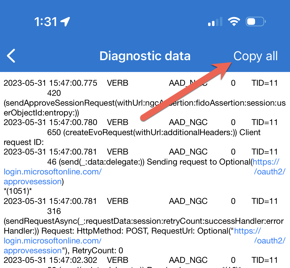 Capture d’écran de l’emplacement de l’option « Copier tous les journaux » dans l’application Microsoft Authenticator.