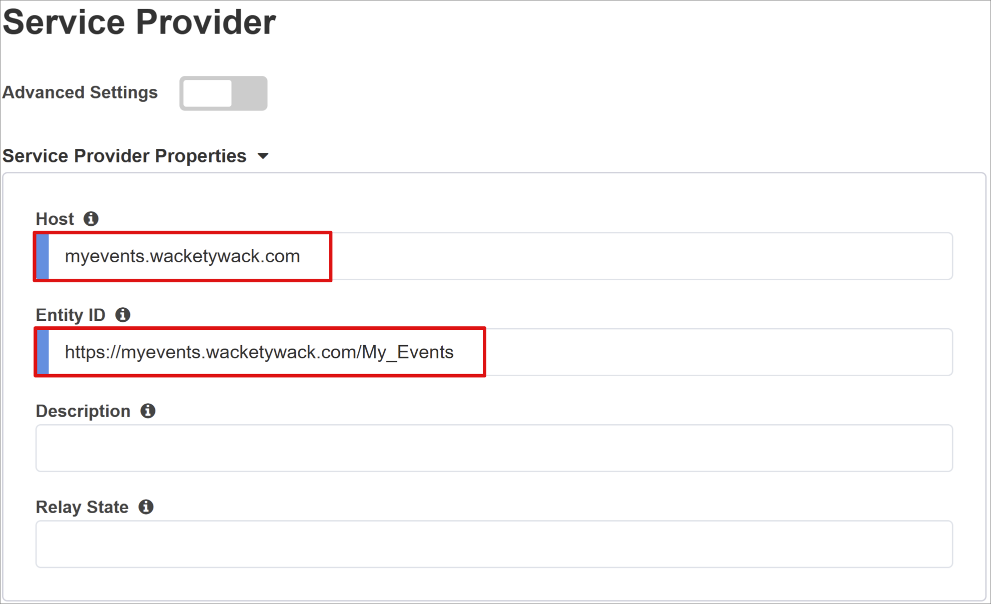 Capture d’écran des entrées d’ID d’hôte et d’entité sur le fournisseur de services.