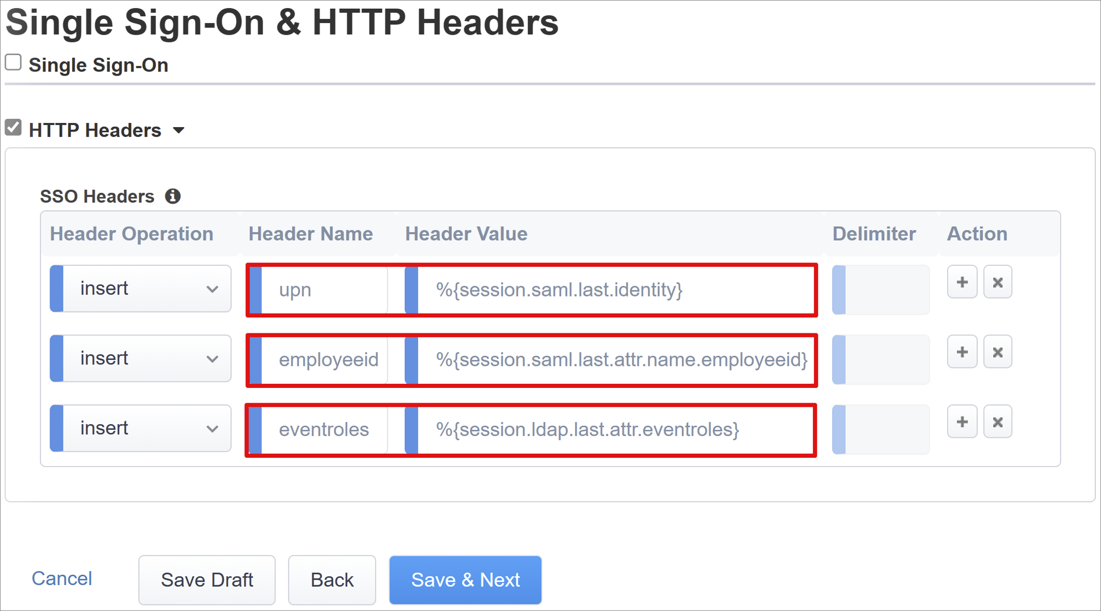 Capture d’écran des entrées d’en-têtes d’authentification unique sous En-têtes d’authentification unique sur les en-têtes SSO et HTTP.