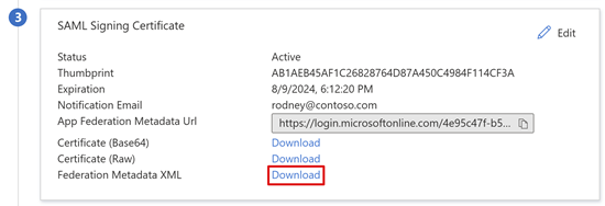 Capture d’écran d’une option Téléchargement sous Certificat de signature SAML.