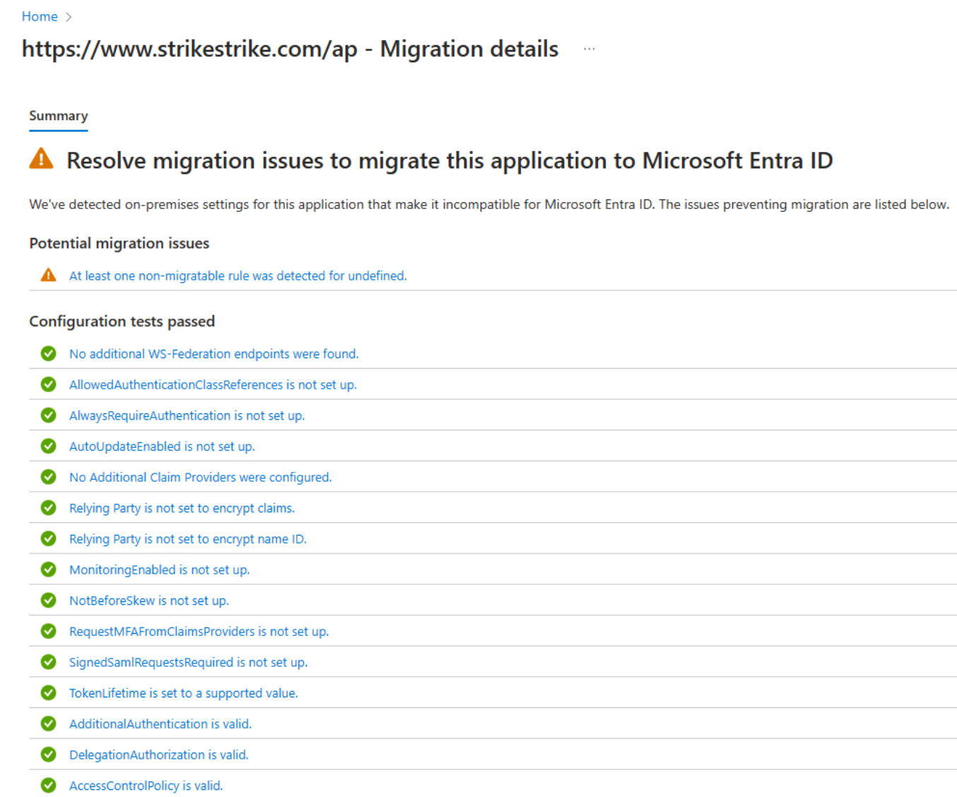 Capture d’écran du volet d’informations de la migration d’application AD FS.