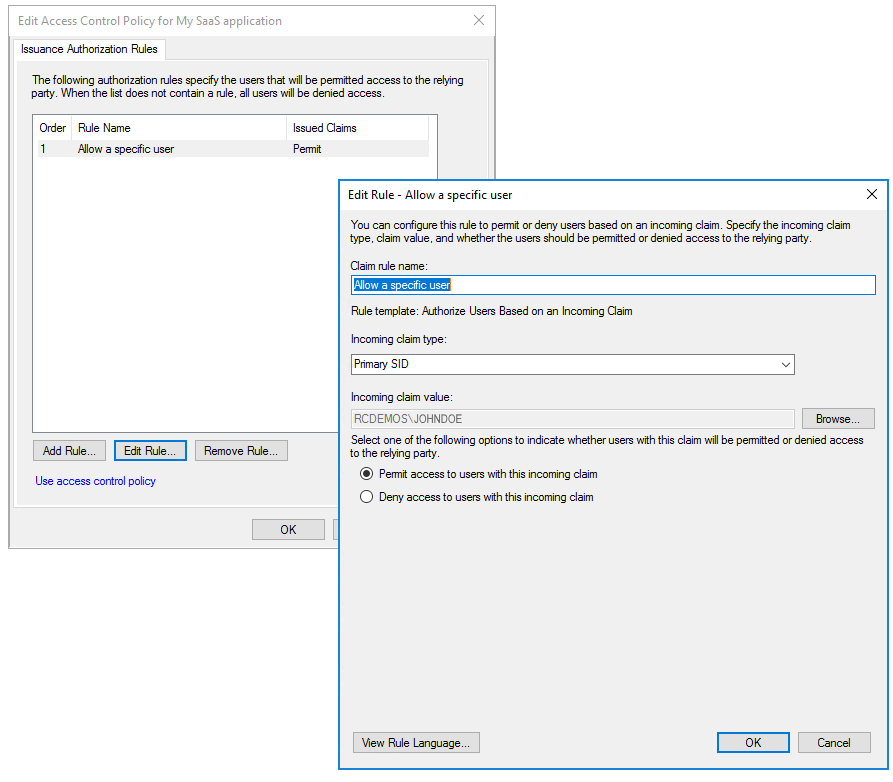 Capture d’écran montrant la boîte de dialogue Modifier la règle pour la règle de revendication Autoriser un utilisateur spécifique avec le type de revendication entrante « SID principal ».