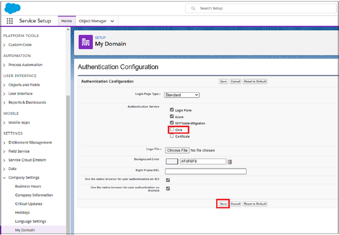 Capture d’écran des options Enregistrer et Service d’authentification, sous Configuration de l’authentification.