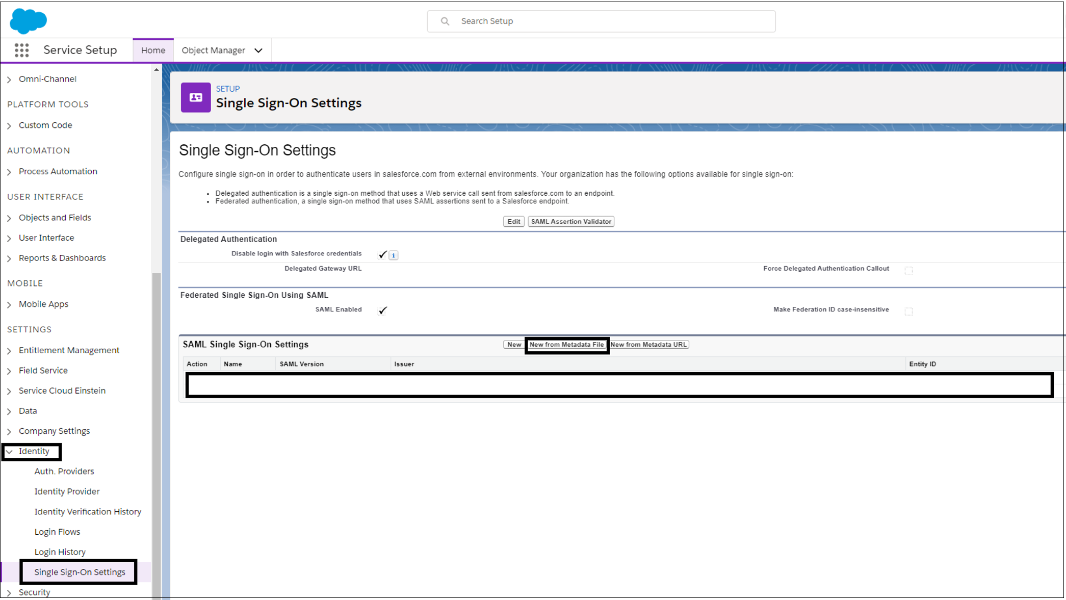 Capture d’écran de l’option Nouveau à partir du fichier de métadonnées sous Paramètres de l’authentification unique.