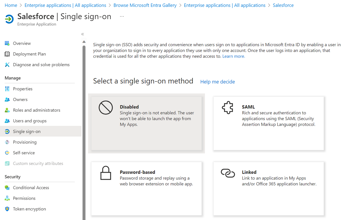 Capture d’écran de l’option SAML sur l’authentification unique.