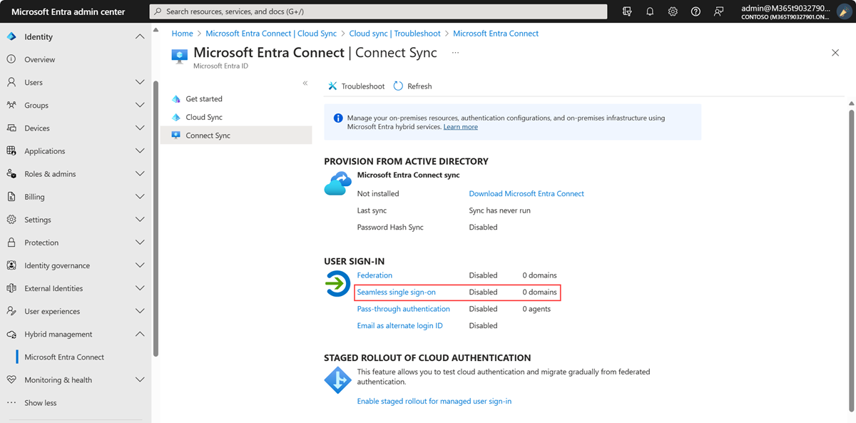 Capture d’écran du Centre d’administration Microsoft Entra : volet Microsoft Entra Connect.