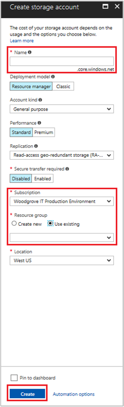 Capture d’écran montrant comment créer un compte de stockage.