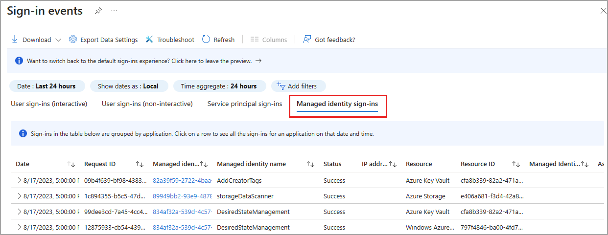Screenshot of the managed identity sign-in log.