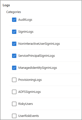 Screenshot of the log categories in diagnostic settings.