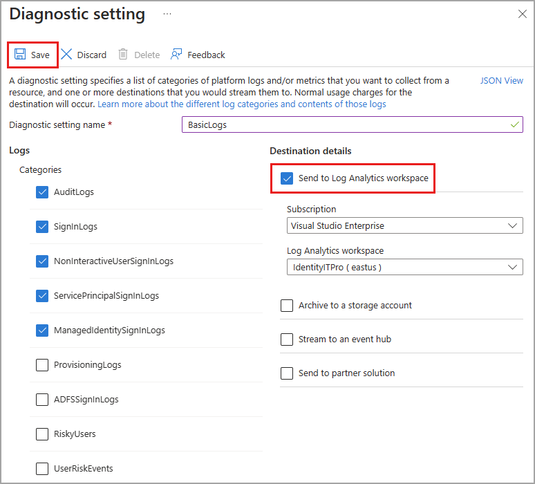 Screenshot of the create diagnostic settings page, with several logs selected to go to a Log Analytics workspace.