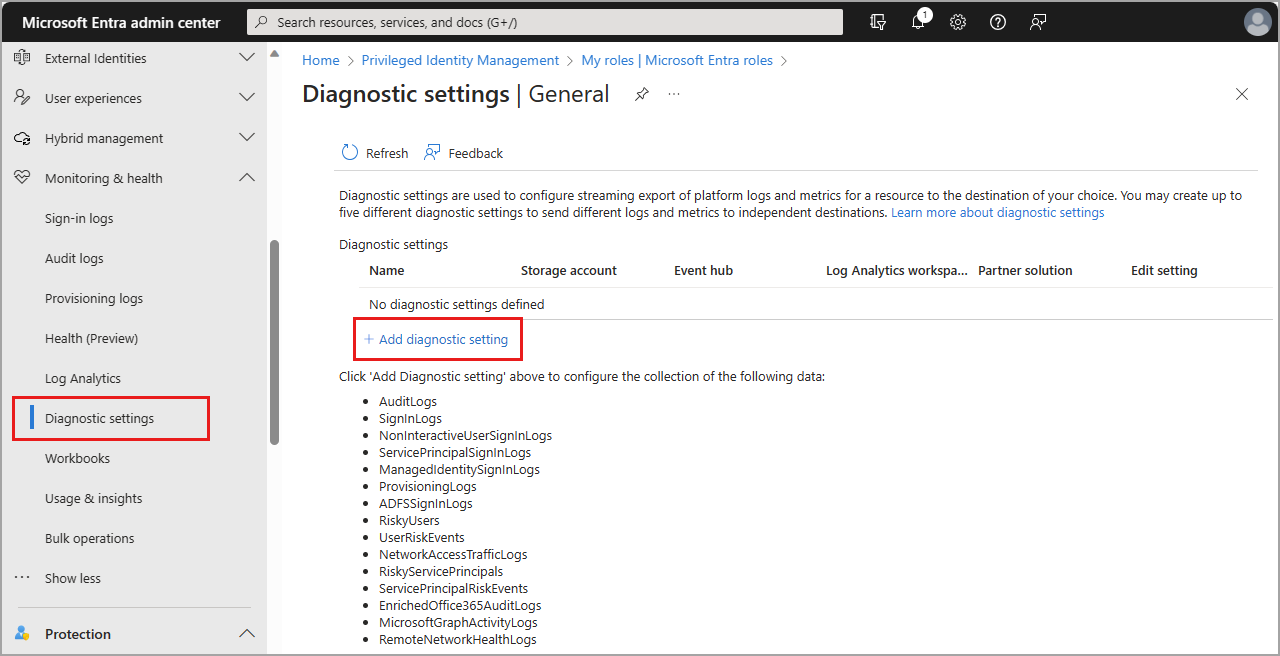 Screenshot of the Microsoft Entra diagnostic settings page.