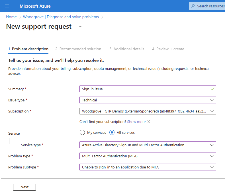 Capture d’écran des champs de demande de support qui lancent le diagnostic de connexion.