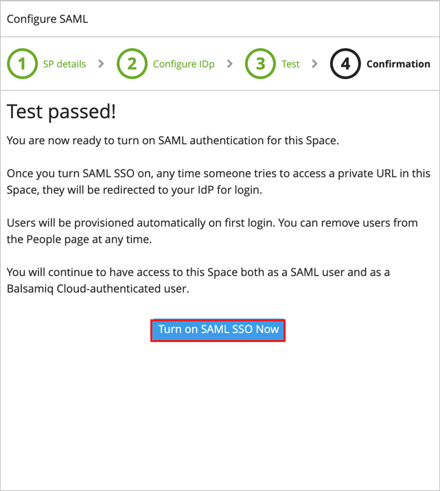 Screenshot shows the Test SAML.