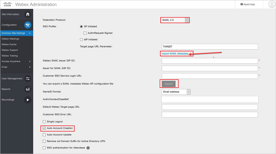 Screenshot shows the Webex Administration page with the information described in this step.