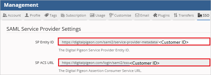 Capture d’écran montrant les paramètres du fournisseur de services SAML Digital Pigeon.