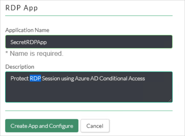 Capture d’écran d’une boîte de dialogue RDP App (Application RDP) montrant les paramètres pour Application Name (Nom de l’application) et Description.