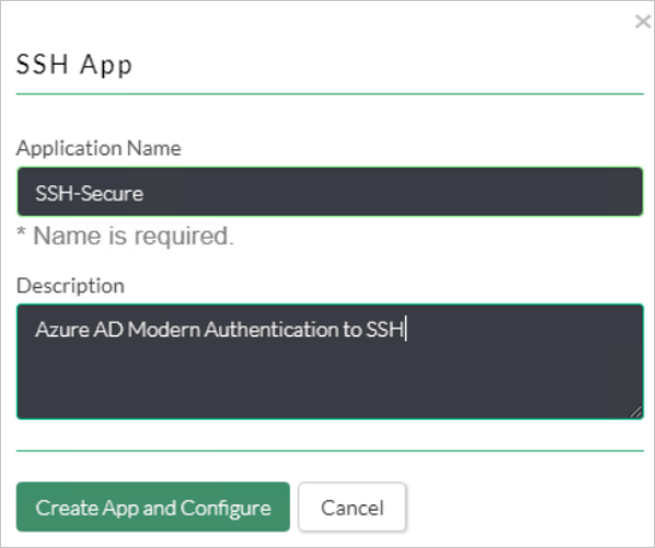 Capture d’écran d’une boîte de dialogue SSH App (Application SSH) montrant les paramètres pour Application Name (Nom de l’application) et Description.