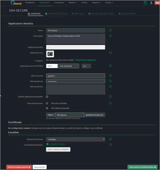 Capture d’écran de l’onglet General de la console Akamai EAA montrant les paramètres Application identity (Identité de l’application) pour SSH-SECURE.