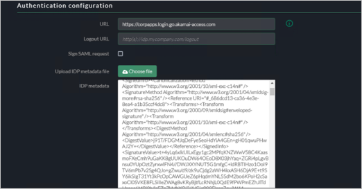 Capture d’écran de la configuration de l’authentification dans la console Akamai EAA montrant les paramètres pour URL, Logout URL (URL de déconnexion), Sign SAML Request (Signer la requête SAML) et IDP Metadata File (Fichier de métadonnées IDP).