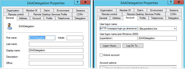 Capture d’écran montrant les propriétés d’EAADelegation avec « EAADelegation » comme First name (Prénom) et HTTP/corpapps.login.go.akamai-access.com comme User logon name (Nom d’ouverture de session de l’utilisateur).