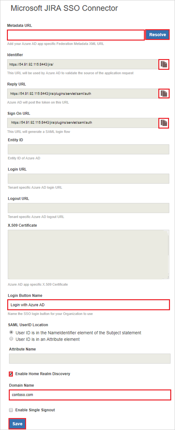 Screenshot shows the Microsoft Jira S S O Connector configuration page.