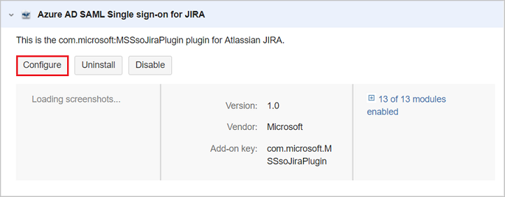 Capture d’écran montrant la section d’authentification unique SAML Microsoft Entra pour Jira, avec l’option Configurer sélectionnée.