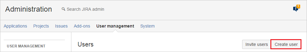 Screenshot shows the User management tab where you can Create user.
