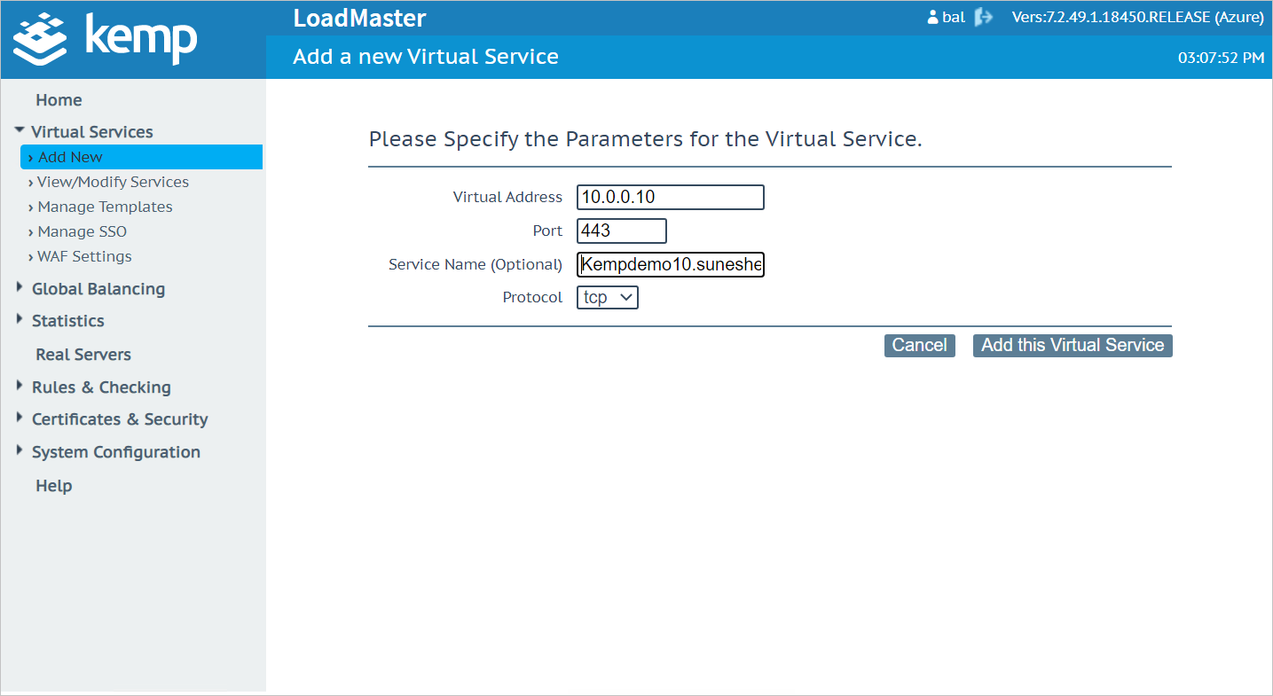 Capture d’écran montrant la page « Please Specify the Parameters for the Virtual Service » avec des exemples de valeurs dans les zones.
