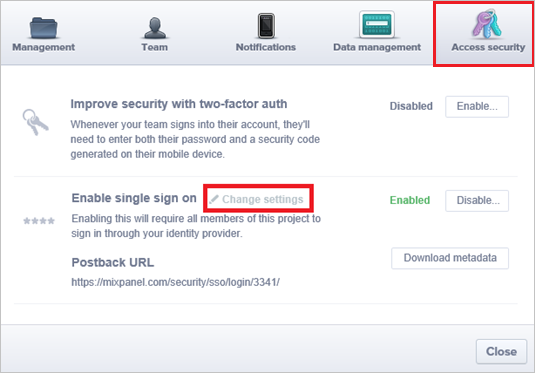 Capture d’écran montrant l’onglet Access security dans lequel vous pouvez modifier les paramètres.